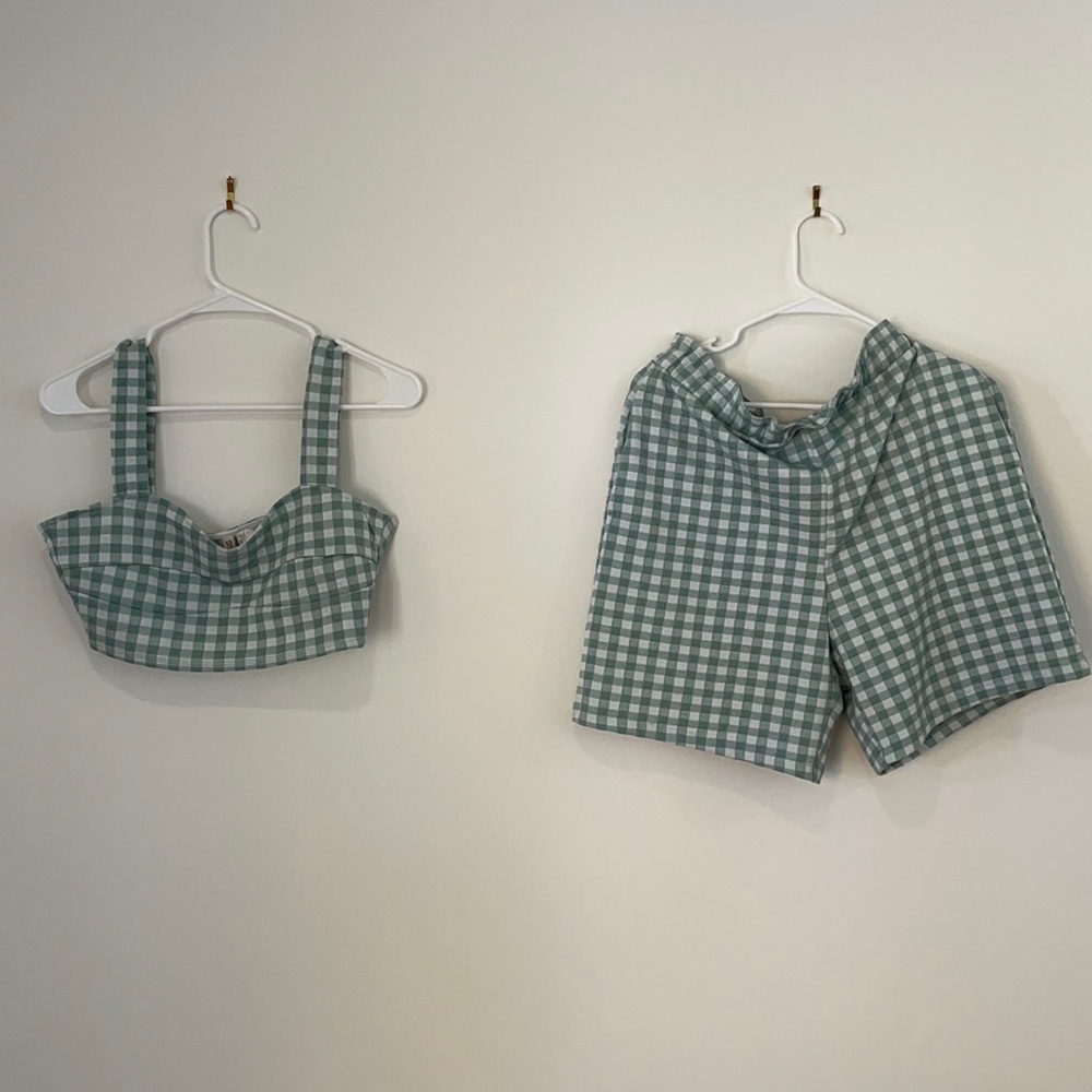 Teal gingham cotton set with bralette and high waist easy shorts